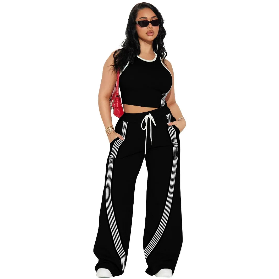 Fashionable Casual Sportswear Set Women's Summer Tight Shorts Vest & High Waist Wide Leg Pants Stripe Splicing Two Piece Set