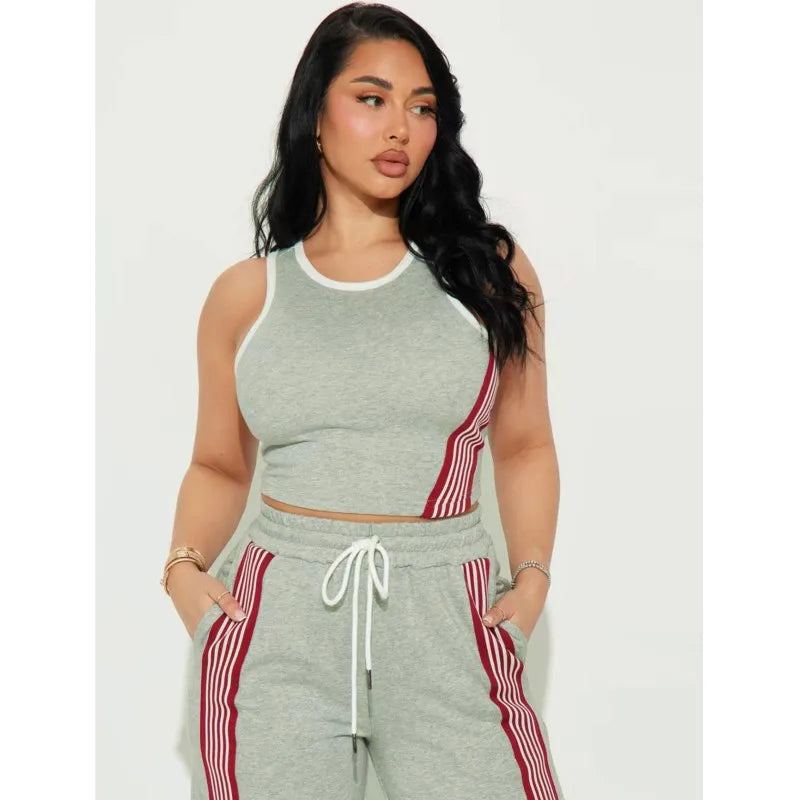 Fashionable Casual Sportswear Set Women's Summer Tight Shorts Vest & High Waist Wide Leg Pants Stripe Splicing Two Piece Set