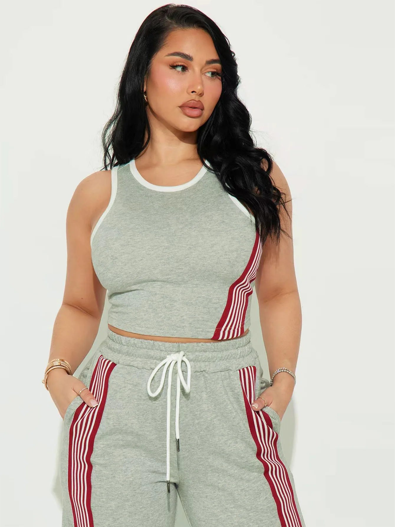 Fashionable Casual Sportswear Set Women's Summer Tight Shorts Vest & High Waist Wide Leg Pants Stripe Splicing Two Piece Set