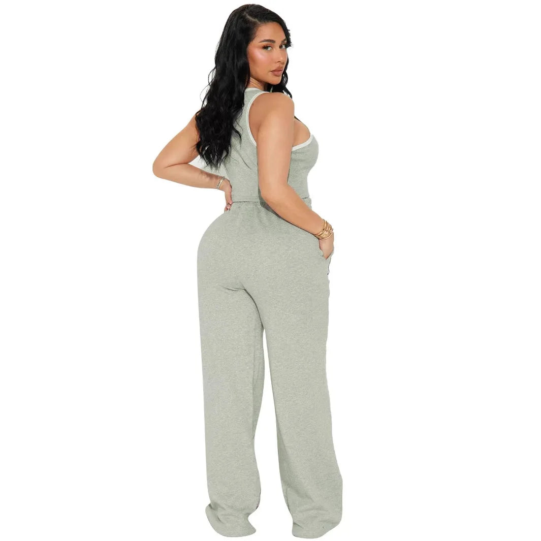 Fashionable Casual Sportswear Set Women's Summer Tight Shorts Vest & High Waist Wide Leg Pants Stripe Splicing Two Piece Set