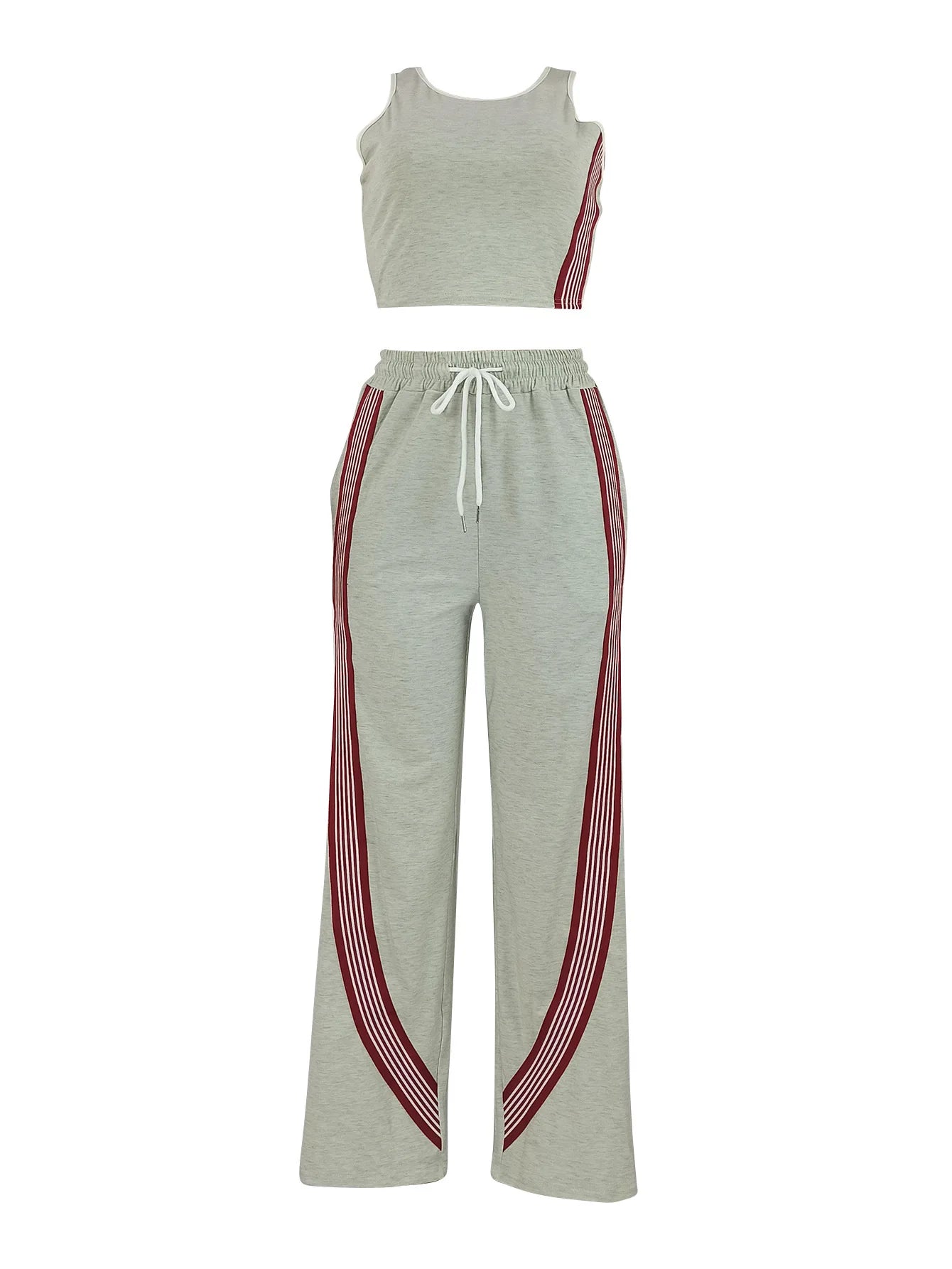 Fashionable Casual Sportswear Set Women's Summer Tight Shorts Vest & High Waist Wide Leg Pants Stripe Splicing Two Piece Set