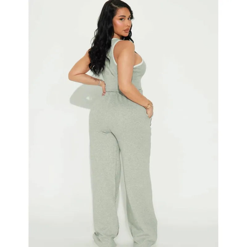 Fashionable Casual Sportswear Set Women's Summer Tight Shorts Vest & High Waist Wide Leg Pants Stripe Splicing Two Piece Set