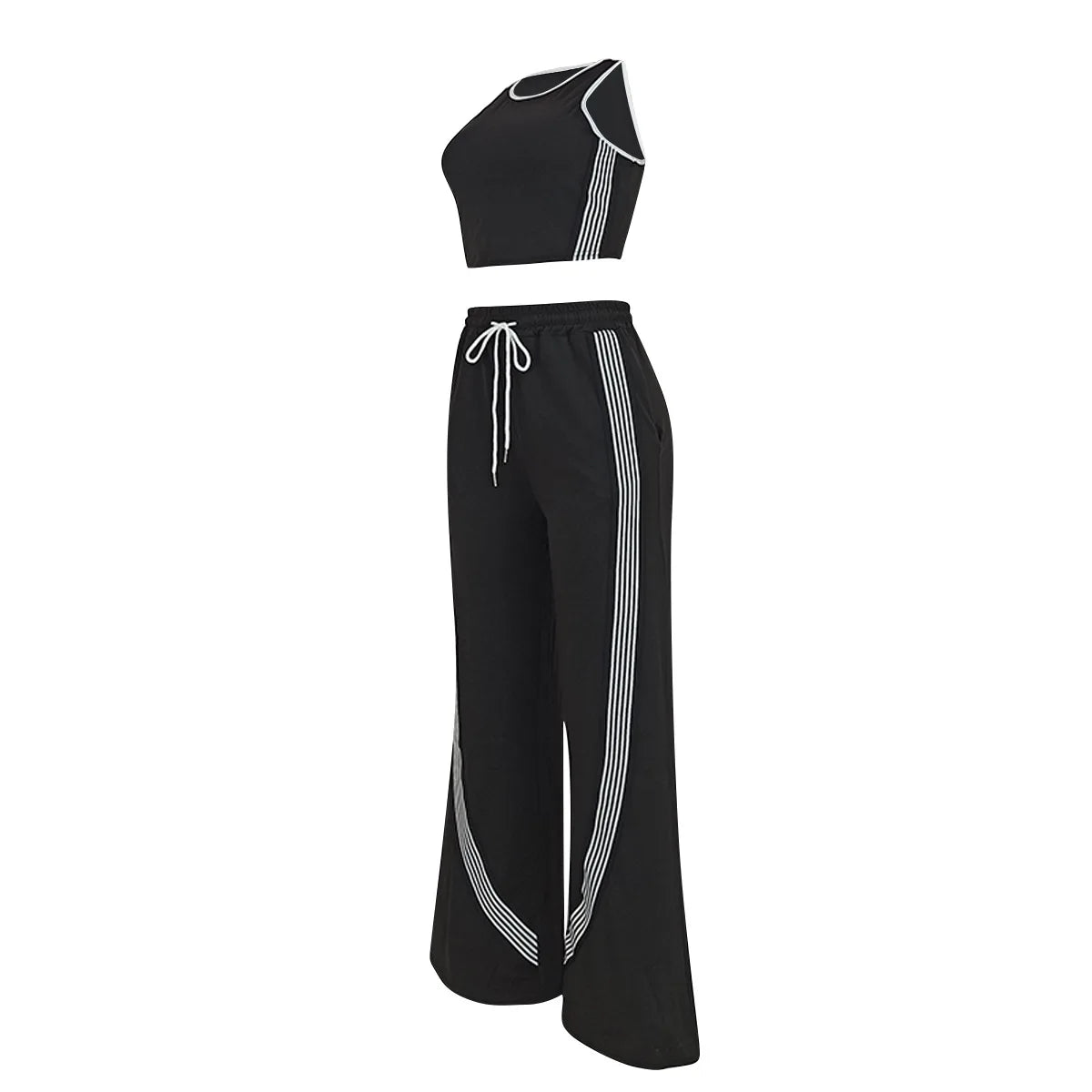 Fashionable Casual Sportswear Set Women's Summer Tight Shorts Vest & High Waist Wide Leg Pants Stripe Splicing Two Piece Set