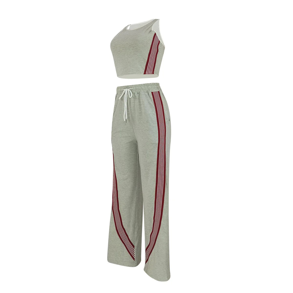 Fashionable Casual Sportswear Set Women's Summer Tight Shorts Vest & High Waist Wide Leg Pants Stripe Splicing Two Piece Set