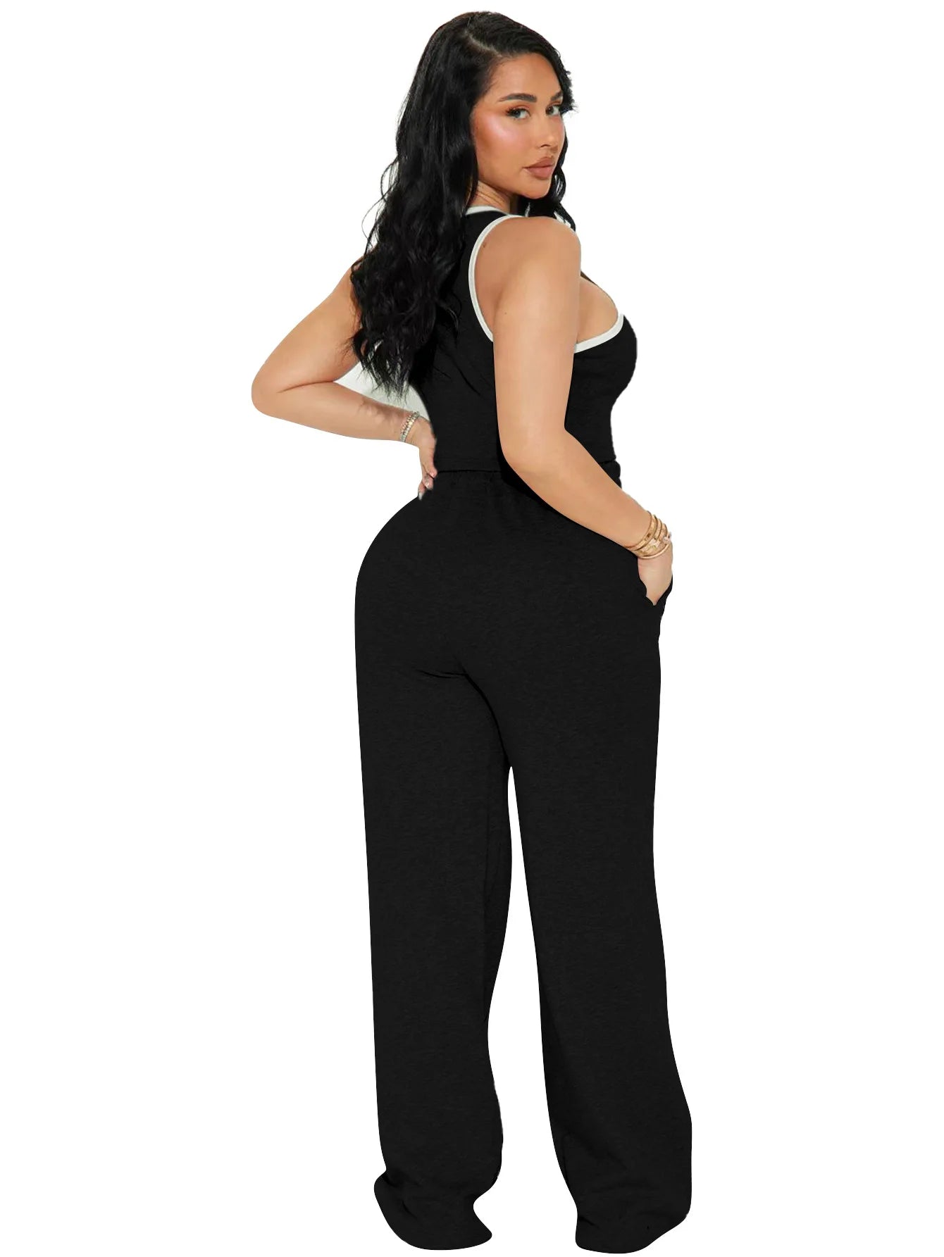 Fashionable Casual Sportswear Set Women's Summer Tight Shorts Vest & High Waist Wide Leg Pants Stripe Splicing Two Piece Set