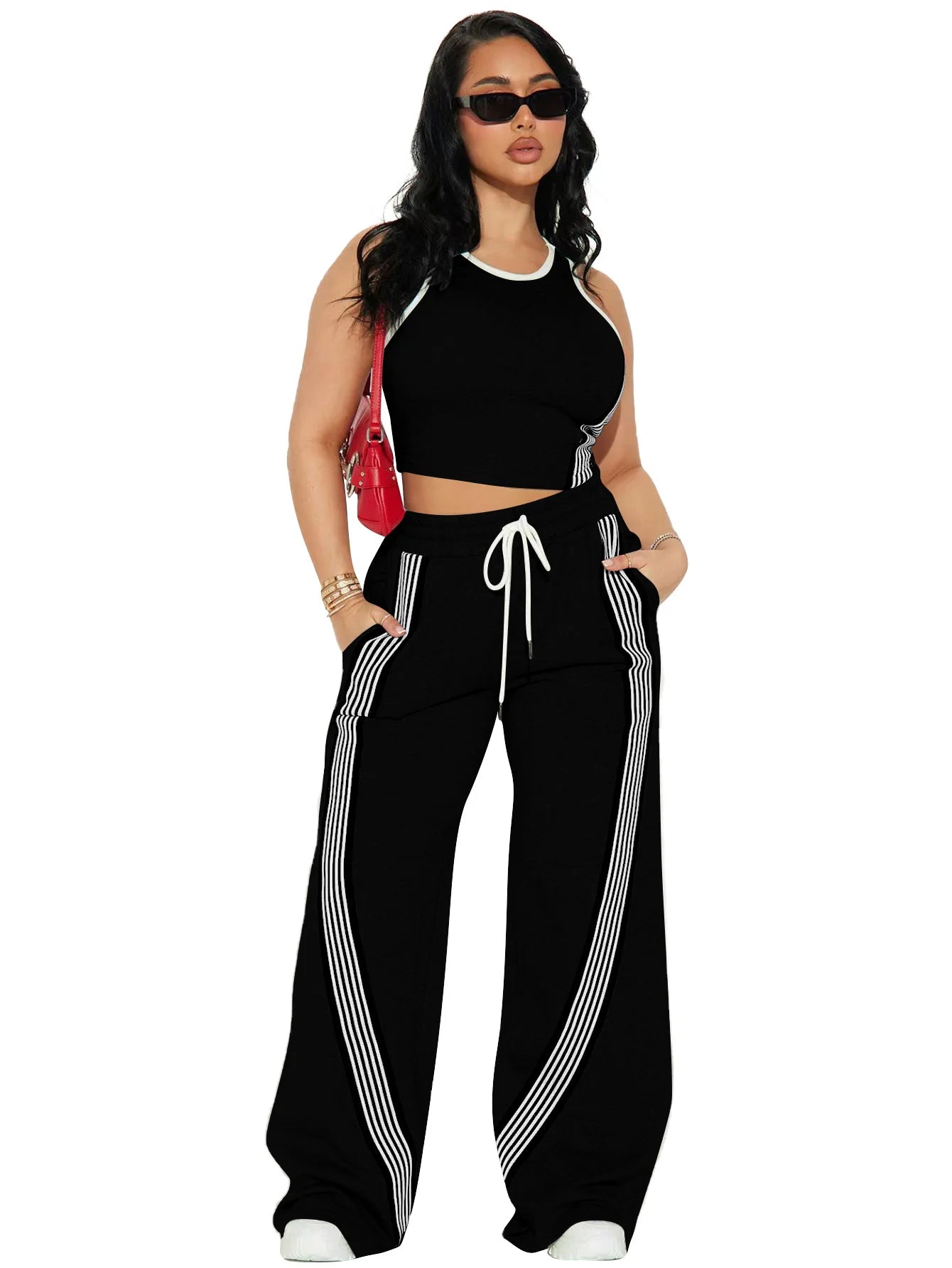 Fashionable Casual Sportswear Set Women's Summer Tight Shorts Vest & High Waist Wide Leg Pants Stripe Splicing Two Piece Set