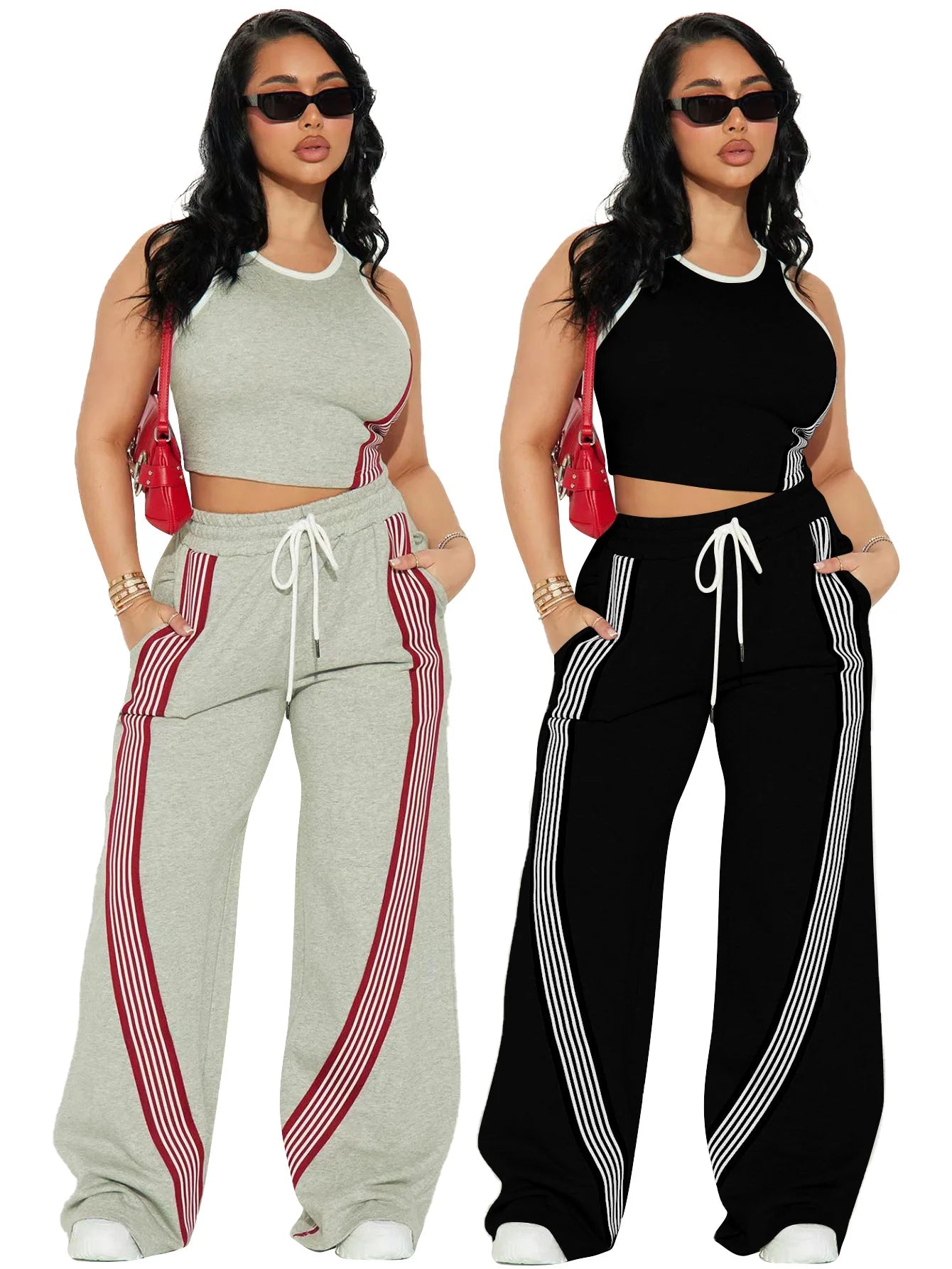 Fashionable Casual Sportswear Set Women's Summer Tight Shorts Vest & High Waist Wide Leg Pants Stripe Splicing Two Piece Set