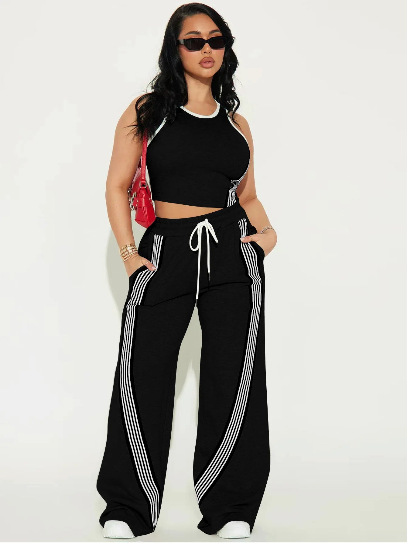 Fashionable Casual Sportswear Set Women's Summer Tight Shorts Vest & High Waist Wide Leg Pants Stripe Splicing Two Piece Set