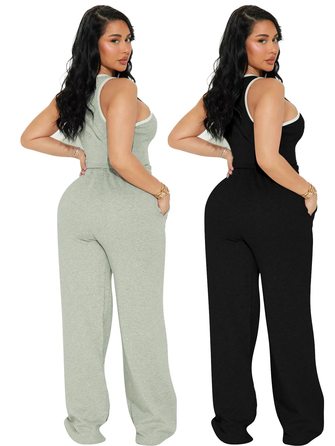 Fashionable Casual Sportswear Set Women's Summer Tight Shorts Vest & High Waist Wide Leg Pants Stripe Splicing Two Piece Set