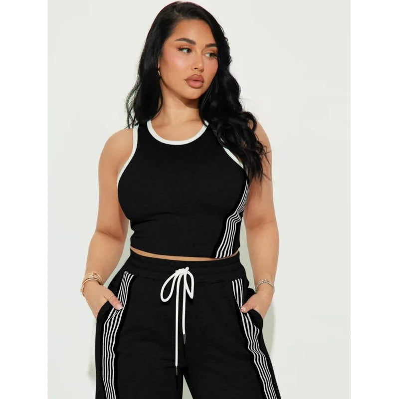 Fashionable Casual Sportswear Set Women's Summer Tight Shorts Vest & High Waist Wide Leg Pants Stripe Splicing Two Piece Set