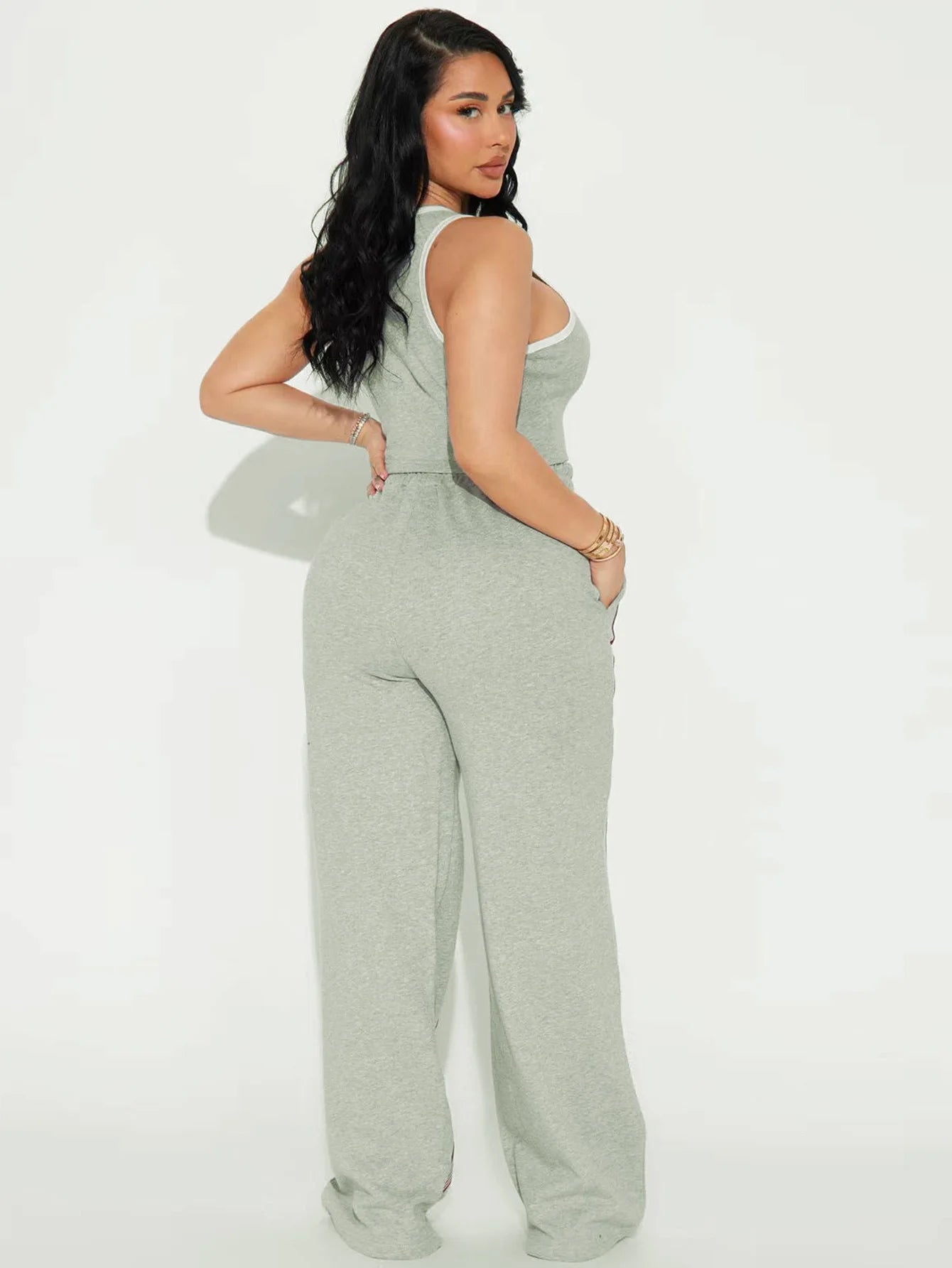 Fashionable Casual Sportswear Set Women's Summer Tight Shorts Vest & High Waist Wide Leg Pants Stripe Splicing Two Piece Set
