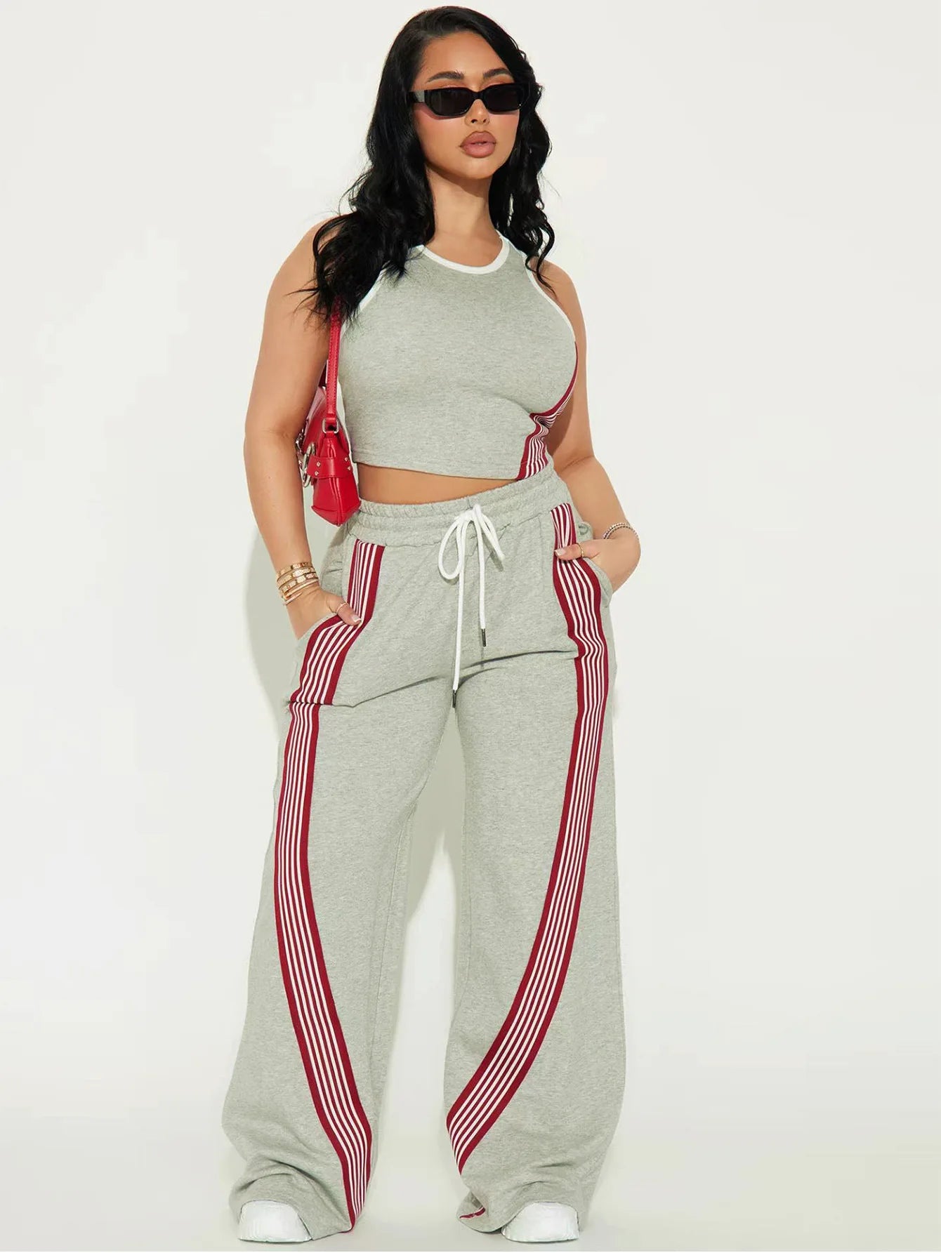 Fashionable Casual Sportswear Set Women's Summer Tight Shorts Vest & High Waist Wide Leg Pants Stripe Splicing Two Piece Set