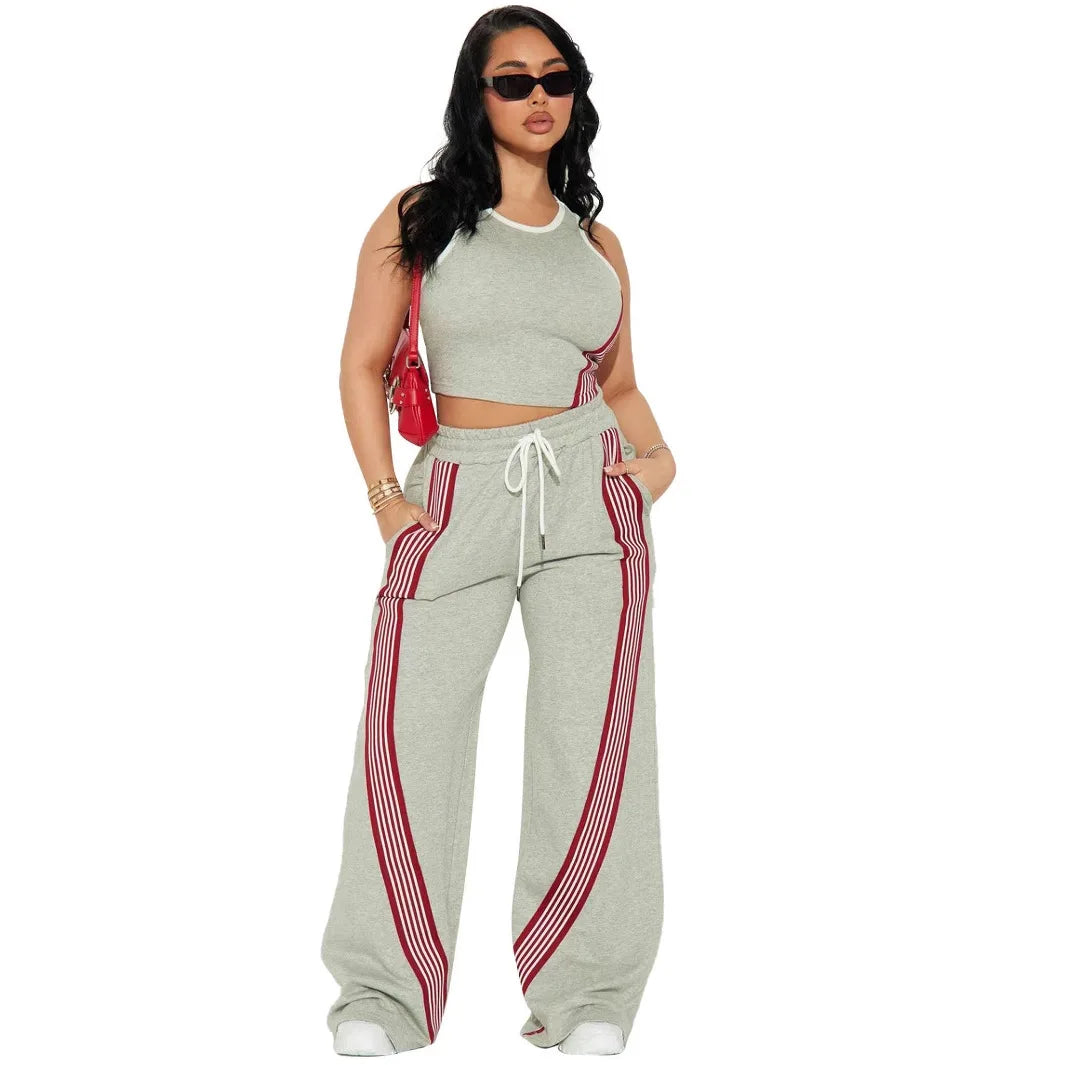 Fashionable Casual Sportswear Set Women's Summer Tight Shorts Vest & High Waist Wide Leg Pants Stripe Splicing Two Piece Set