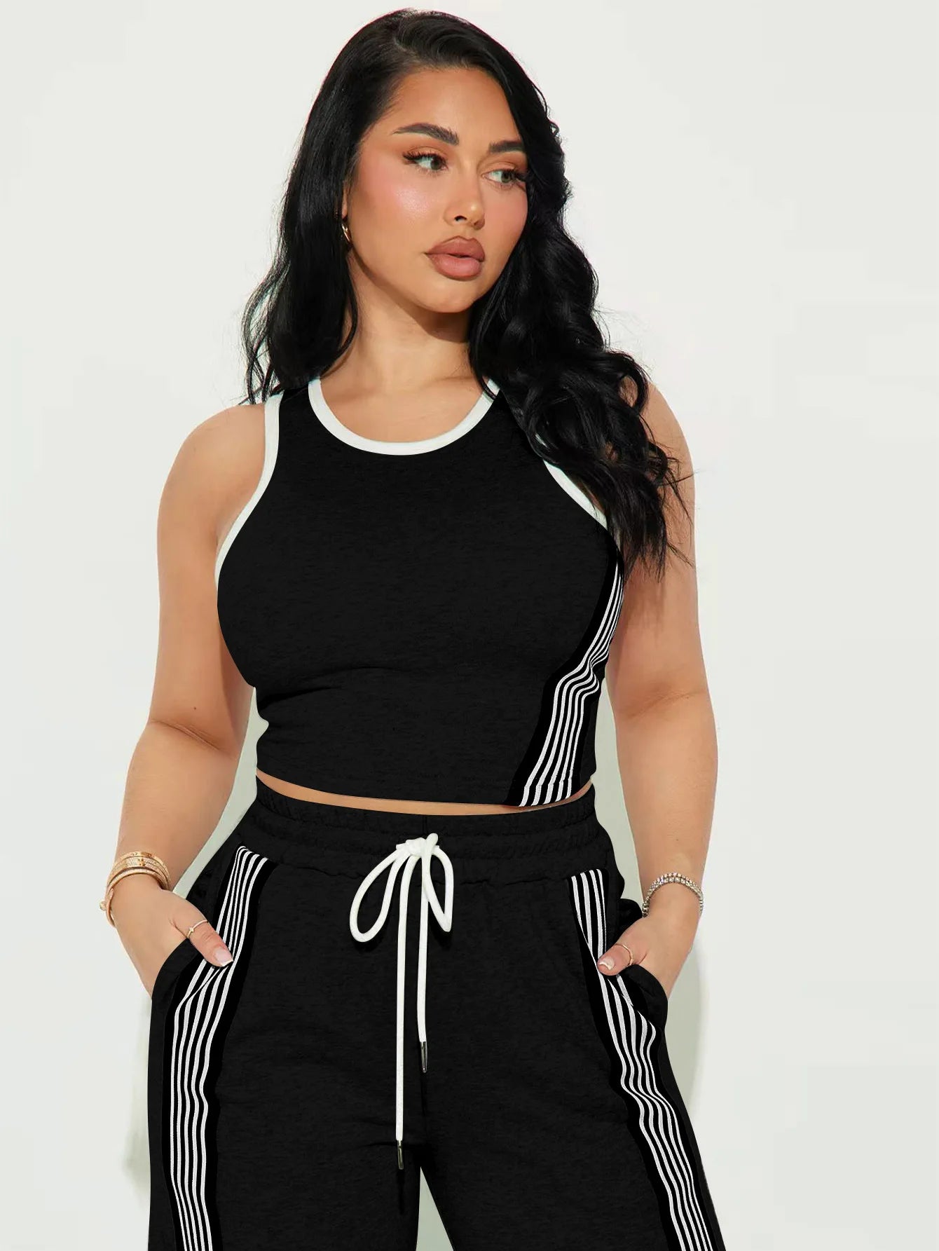 Fashionable Casual Sportswear Set Women's Summer Tight Shorts Vest & High Waist Wide Leg Pants Stripe Splicing Two Piece Set