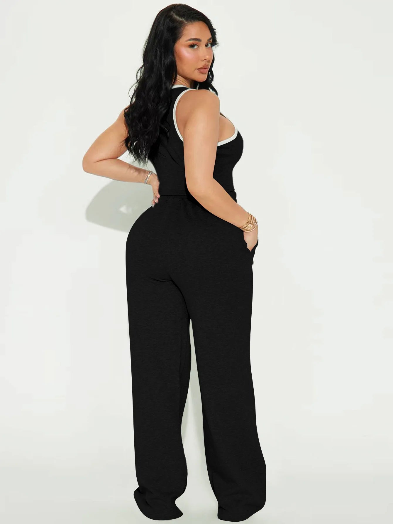 Fashionable Casual Sportswear Set Women's Summer Tight Shorts Vest & High Waist Wide Leg Pants Stripe Splicing Two Piece Set