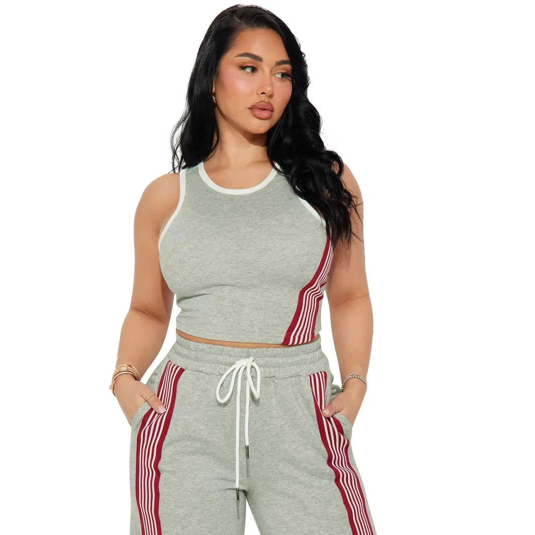 Fashionable Casual Sportswear Set Women's Summer Tight Shorts Vest & High Waist Wide Leg Pants Stripe Splicing Two Piece Set