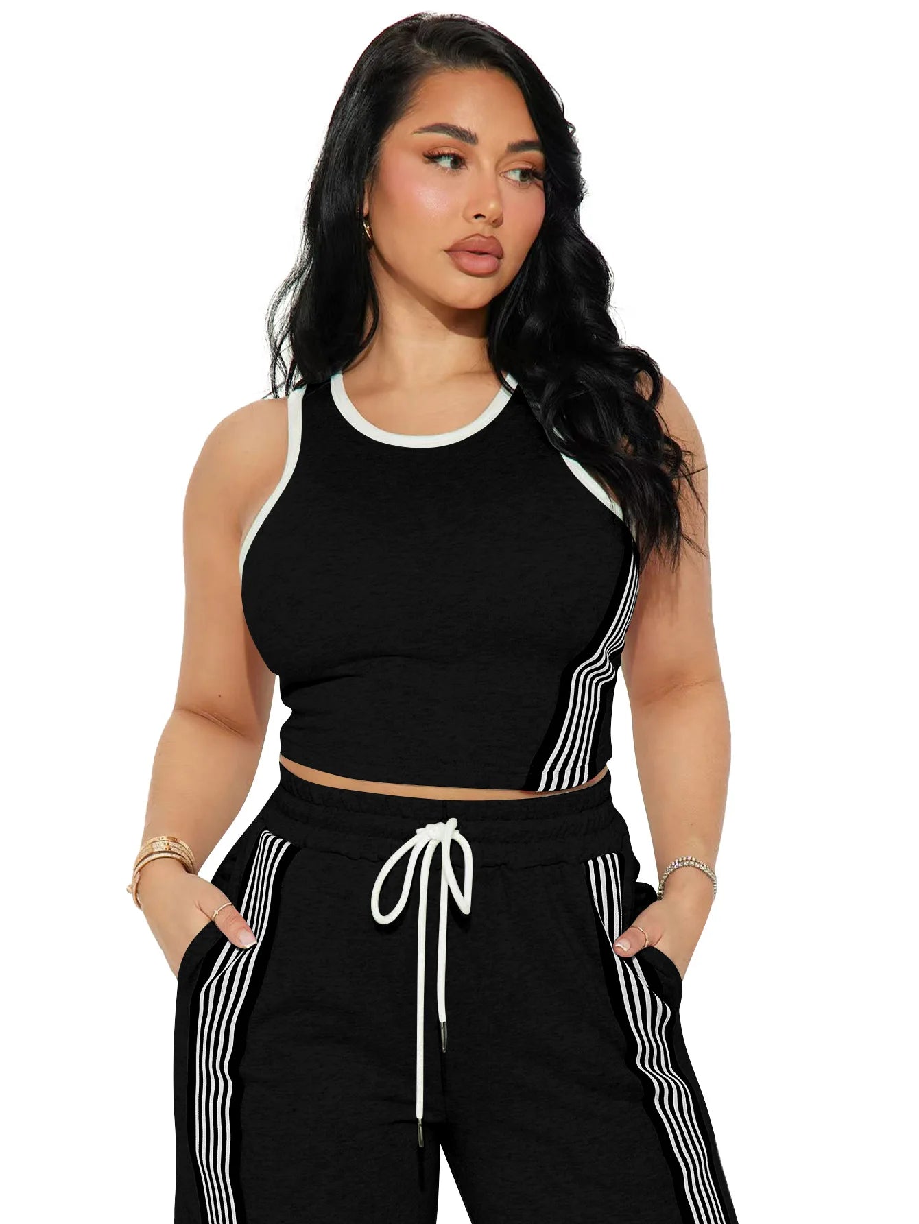 Fashionable Casual Sportswear Set Women's Summer Tight Shorts Vest & High Waist Wide Leg Pants Stripe Splicing Two Piece Set