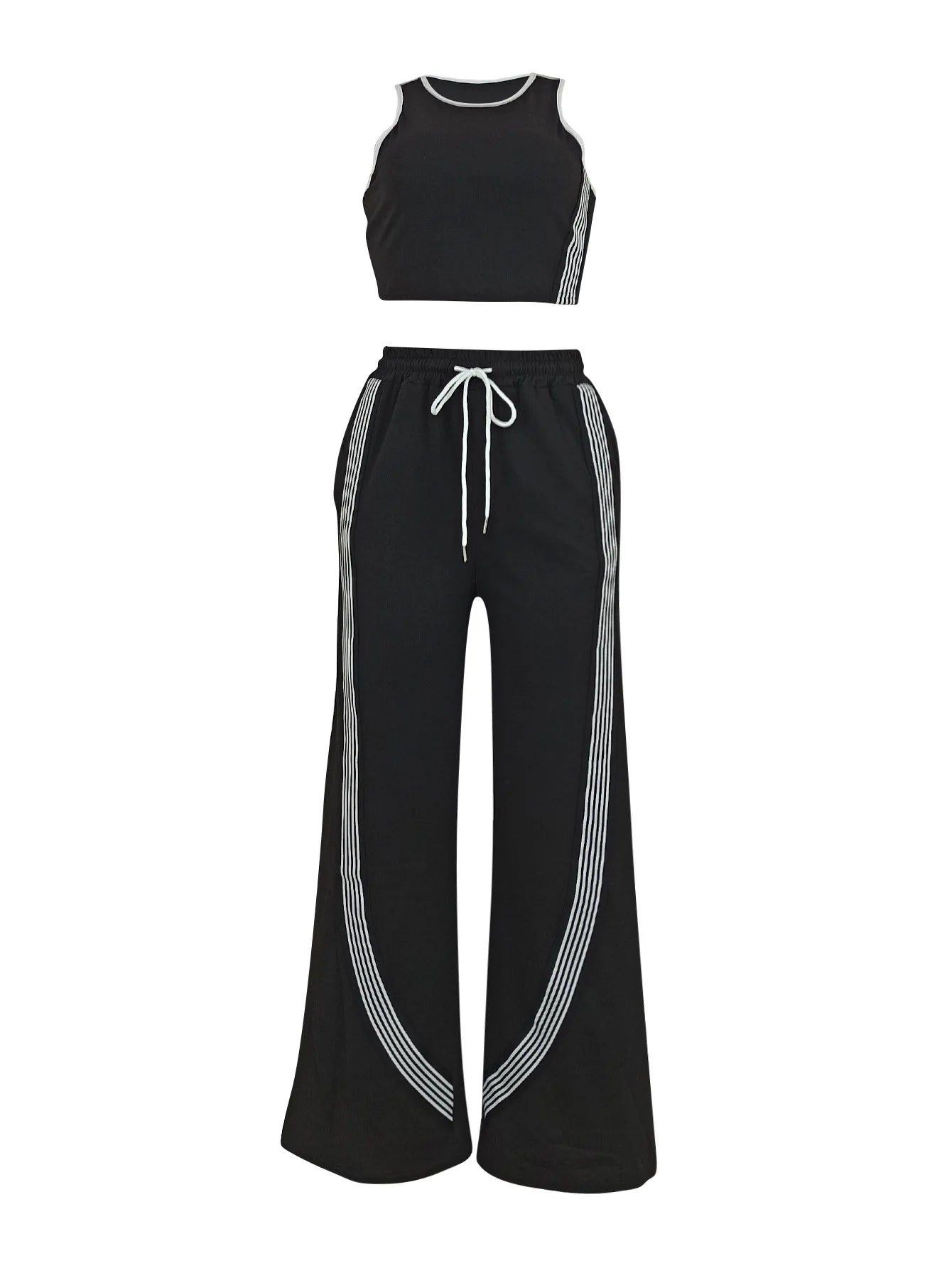 Fashionable Casual Sportswear Set Women's Summer Tight Shorts Vest & High Waist Wide Leg Pants Stripe Splicing Two Piece Set