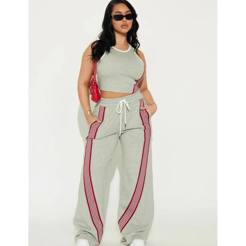 Fashionable Casual Sportswear Set Women's Summer Tight Shorts Vest & High Waist Wide Leg Pants Stripe Splicing Two Piece Set