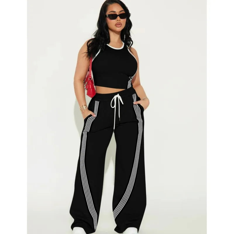 Fashionable Casual Sportswear Set Women's Summer Tight Shorts Vest & High Waist Wide Leg Pants Stripe Splicing Two Piece Set