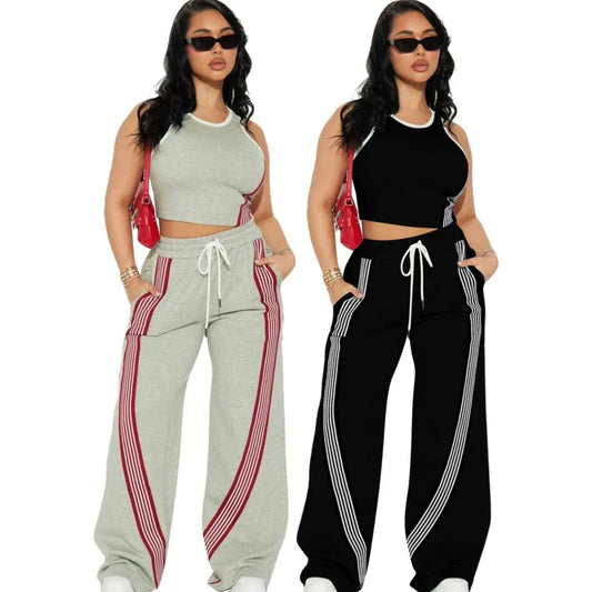 Fashionable Casual Sportswear Set Women's Summer Tight Shorts Vest & High Waist Wide Leg Pants Stripe Splicing Two Piece Set